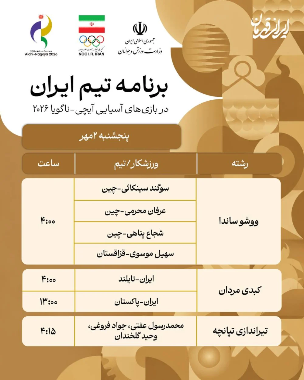 برنامه ورزشکاران ایران در روز پنجم بازی‌های آسیایی ناگویا